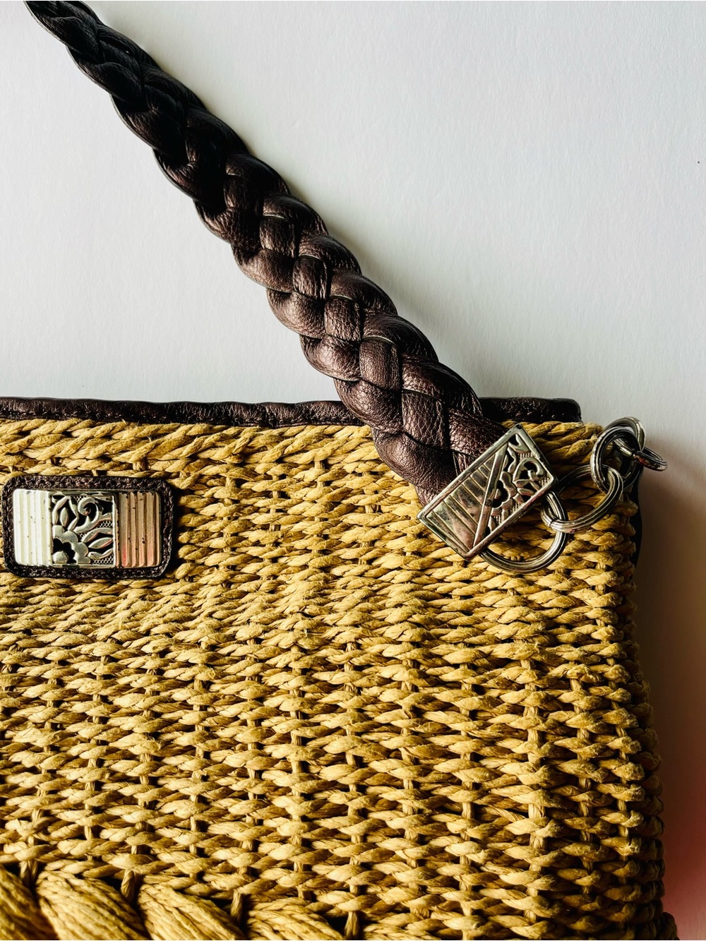 Brighton Straw Woven Shoulder Bag Brown Leather Braided Handle Beach Tote Purse - Picture 12 of 16